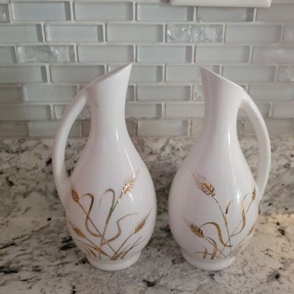 Vintage White Ceramic Pitcher Set With Gold Wheat Design - Picture 1 of 7